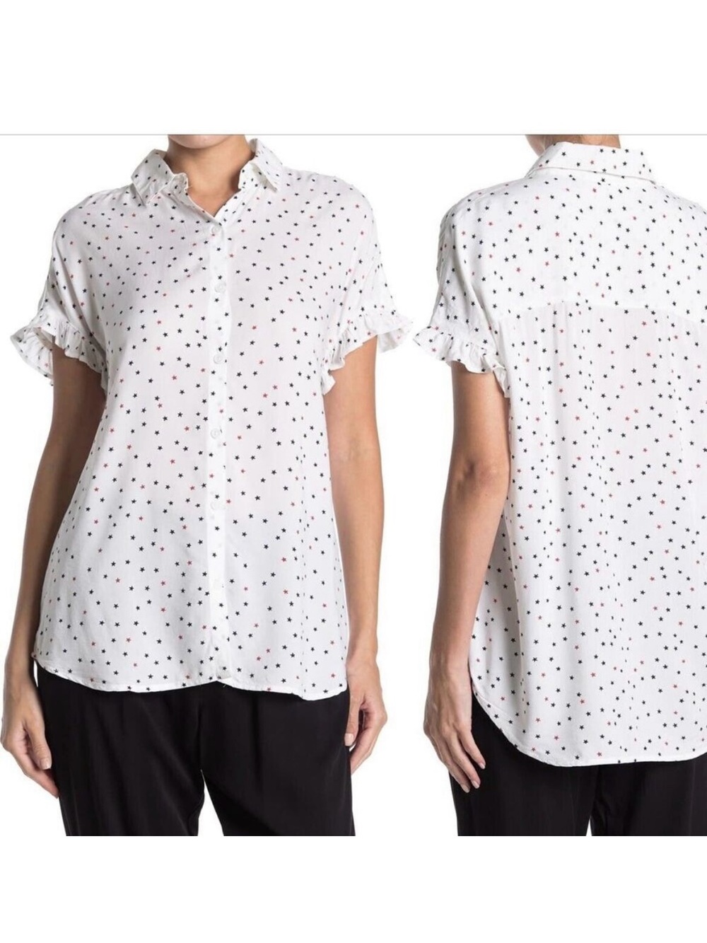 beachlunchlounge White Star-Print Ruffle Collar Button Blouse